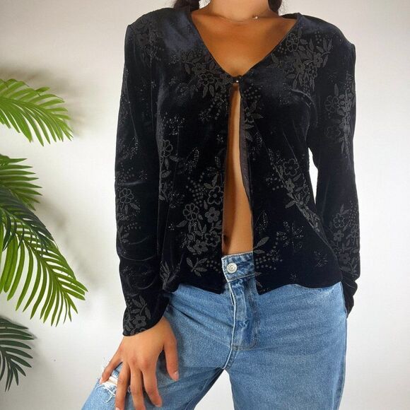 Vintage 90s Black Whimsigoth Fairy Grunge Floral Velvet Open Belly Top /Sz: 10 - Picture 5 of 6